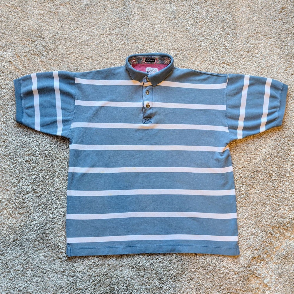 Gant Polo Shirt Mens XL Blue White Striped Salty Dog Washed Vintage 90s